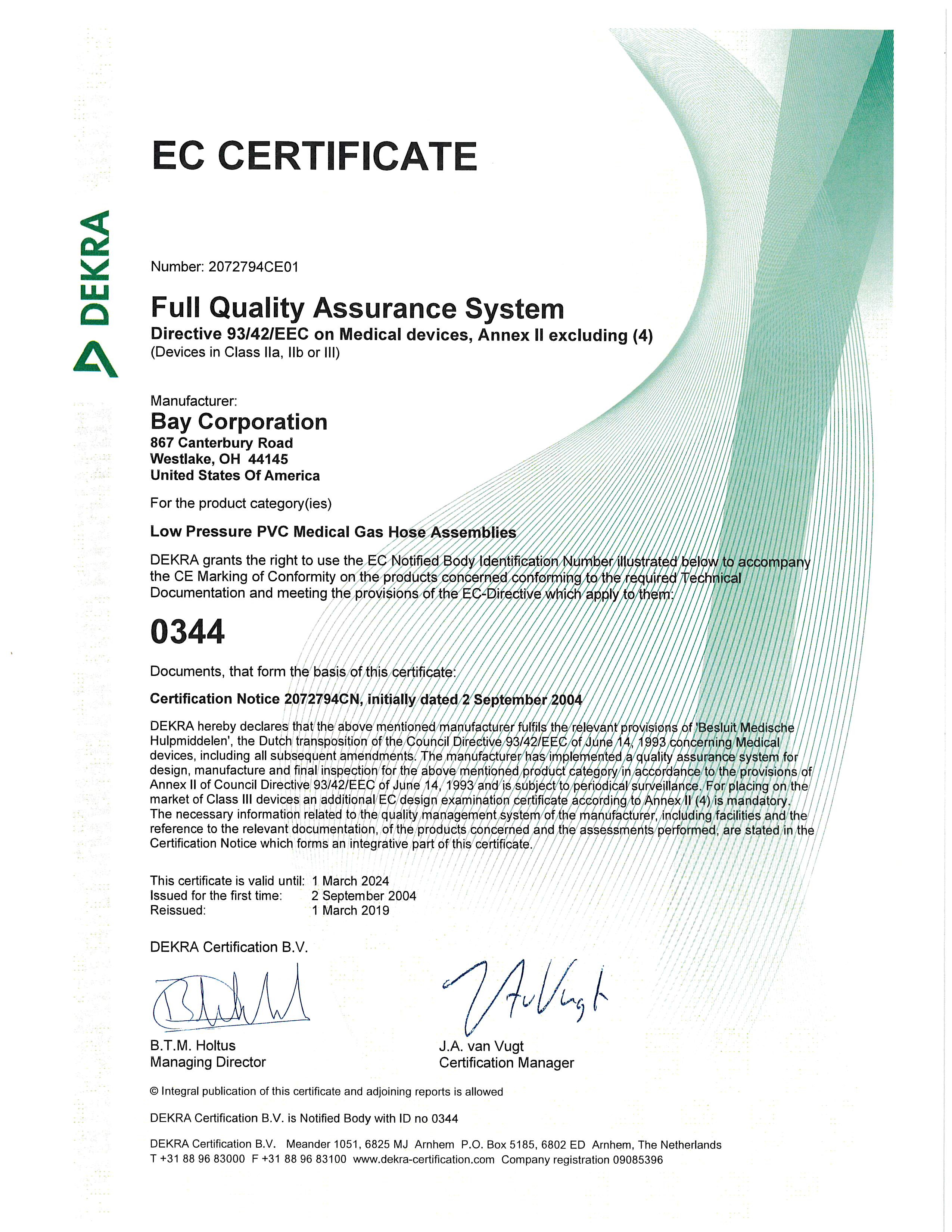 CE Marking of Conformity Medical Gas Fittings Bay Corporation